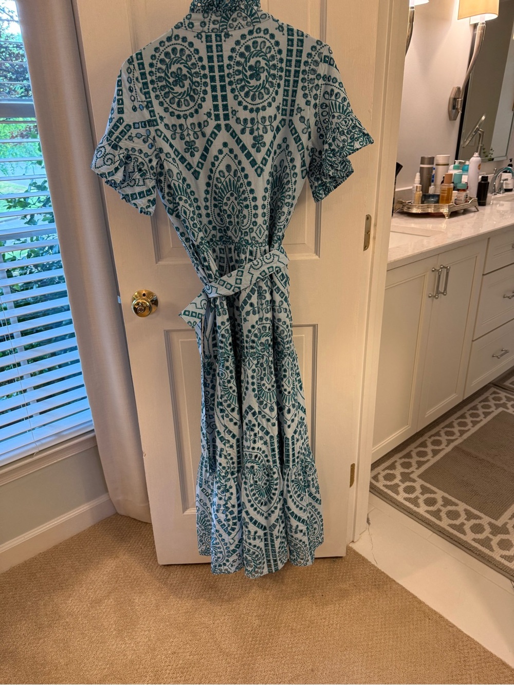 Blue Printed Midi Dress with Tie Waist and Ruffled Sleeves - Picture 5 of 7